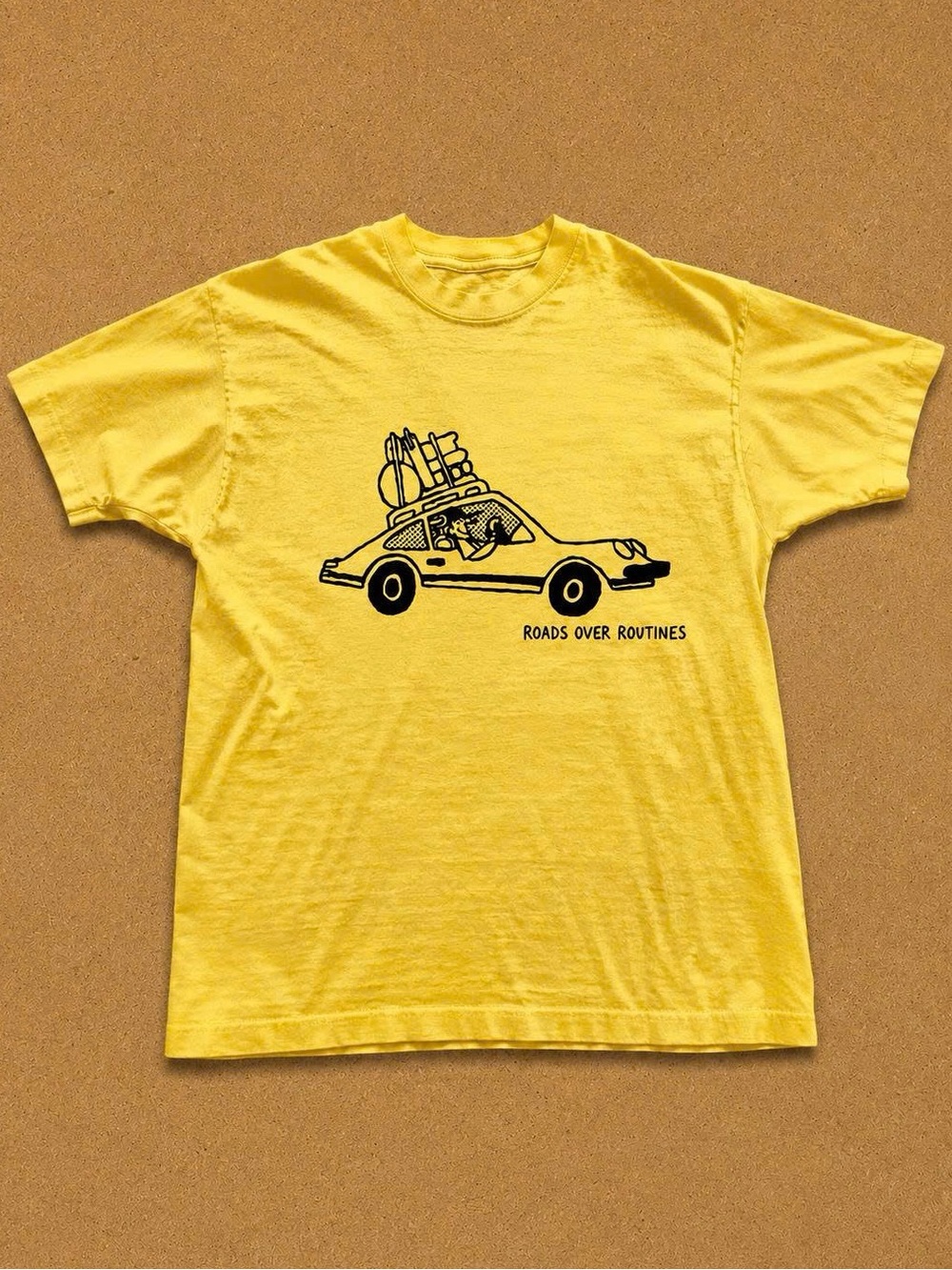 Gildan Yellow Short Sleeve Tee with Black Road Trip Graphic Unisex